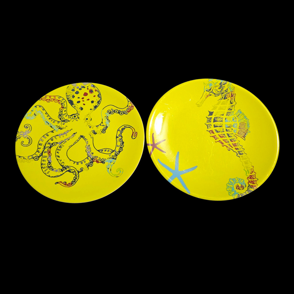 Pair of Melamine Ocean Sea Life  9" Dinner Plates Seahorse and Octopus